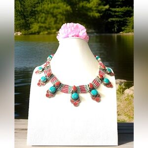 Vintage & Handcrafted Ethnic Tribal Necklace Inlay Stones Set In Tibetan Silver